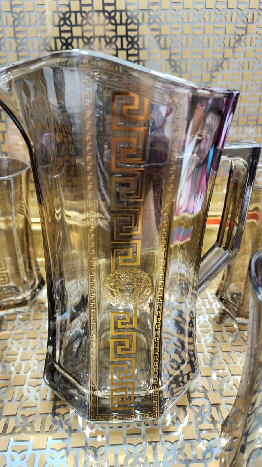 Hand Crafted Gold Plated Jug 1750 ml, With Long Glasses 370 ML, for Home and Kitchen Set of 7.