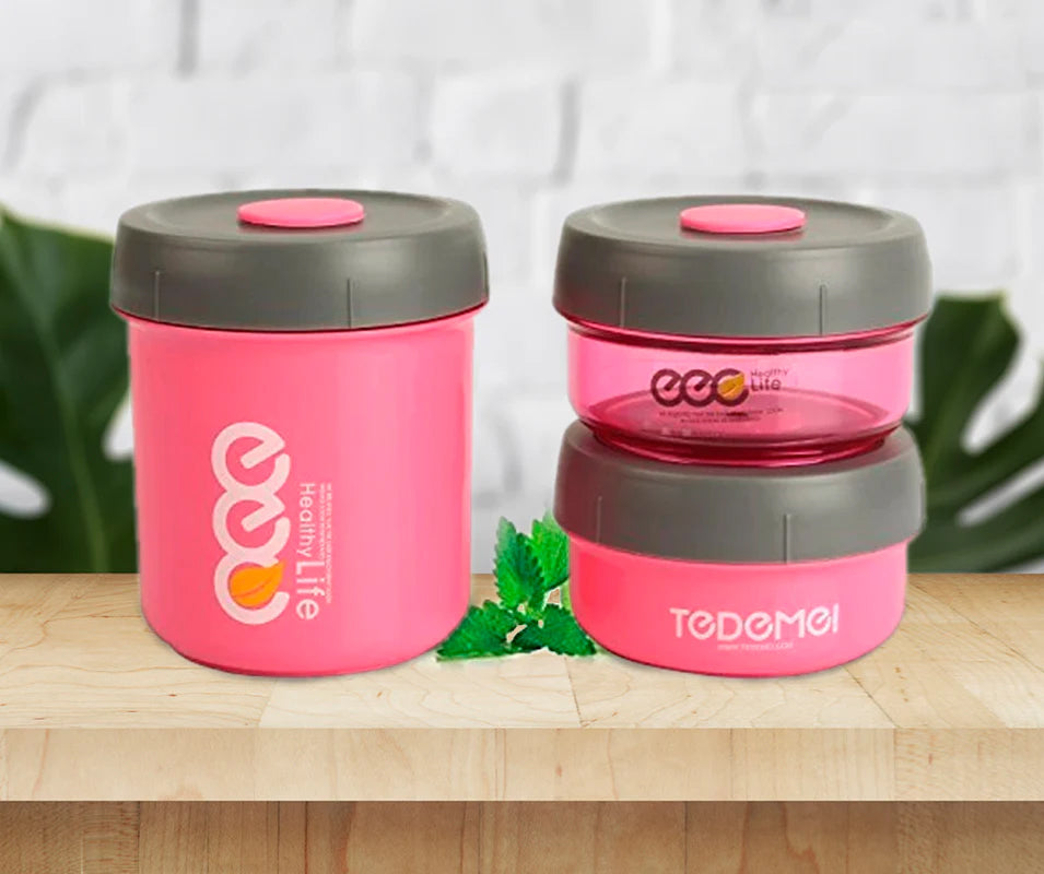 Additions Home Stainless Steel Insulated Vacuum Seal Leak Proof 3-in-1 Lunch Box with 3 Detachable Jars, BPA Free, Dishwasher Safe for School Kids and Office, 860 ml, Pink