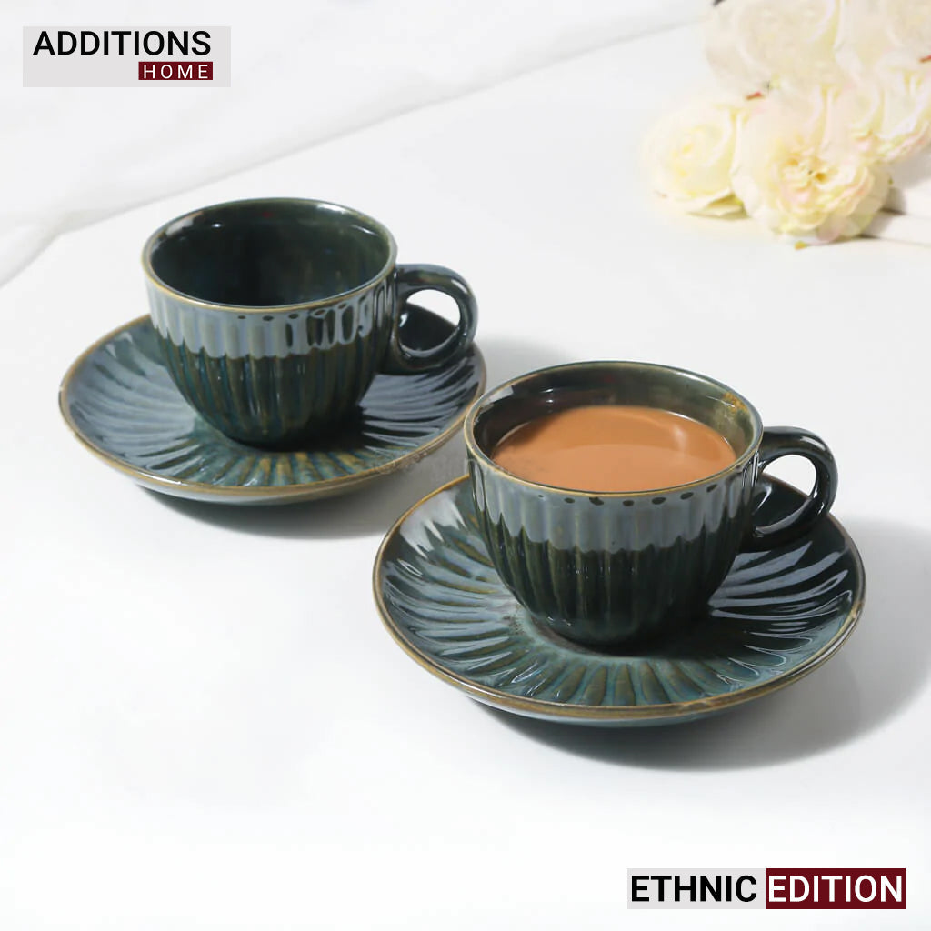 Glazed Ceramic Tea Cup With Saucer. Set of 6. ETHNIC EDITION