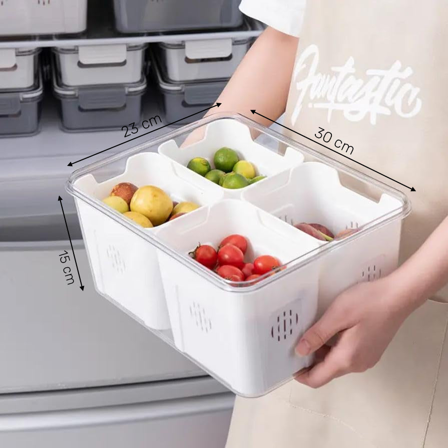 Airtight Drain Food Storage Container with Lid & Removable Compartment Kitchen Stackable Freezer Fridge Organizer Set of 6 Pcs