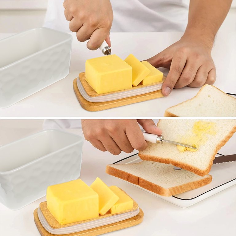 Butter Dishes Box Premium Quality Elite Range Heavy Fine Porcelain Butter Box, Butter Dish with Wooden Top Cover,Lid with a Knife -600 ML (WHITE)