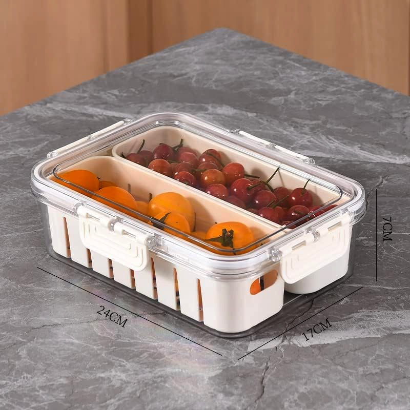Airtight Drain Food Storage Container with Lid & Removable Compartment Kitchen Stackable Freezer Fridge Organizer Set of 6 Pcs