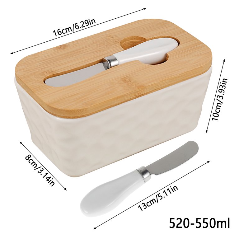 Butter Dishes Box Premium Quality Elite Range Heavy Fine Porcelain Butter Box, Butter Dish with Wooden Top Cover,Lid with a Knife -600 ML (WHITE)