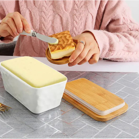 Butter Dishes Box Premium Quality Elite Range Heavy Fine Porcelain Butter Box, Butter Dish with Wooden Top Cover,Lid with a Knife -600 ML (WHITE)
