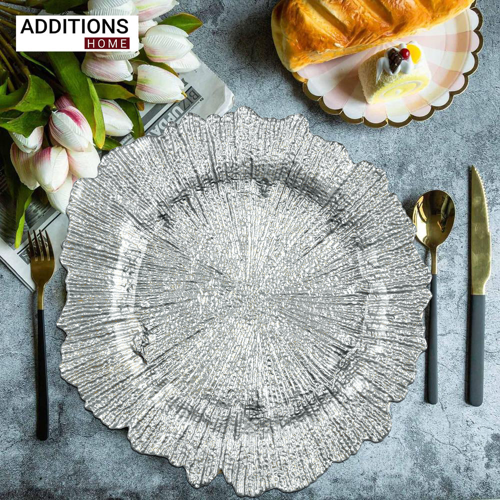 Pack of 6 Pcs , 13" Round Silver Rim Glass Charger Plates