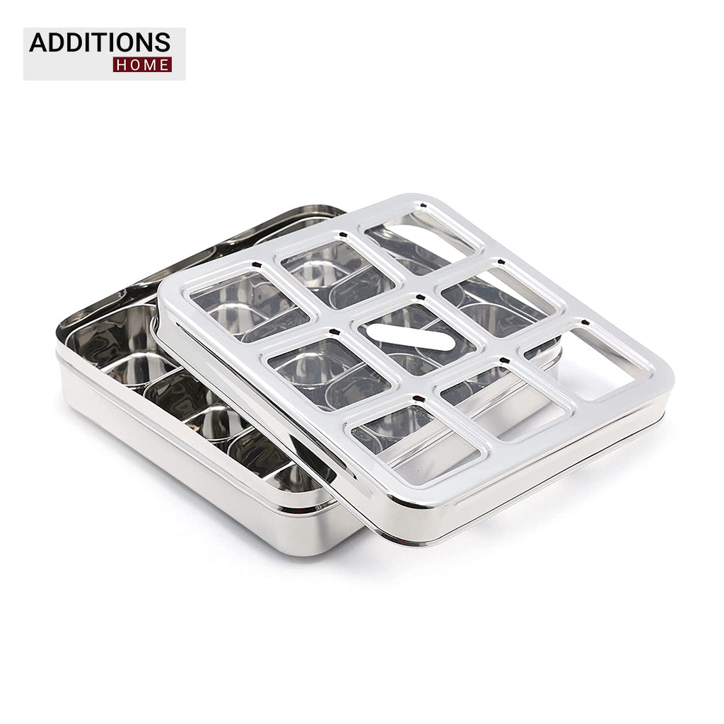 Stainless Steel Lego Masala Box -Square Cubic See thru Lid - Spice box - Condiment box - 9 partition - Diamater - 22CM, Capacity - 100 ML Each Containers