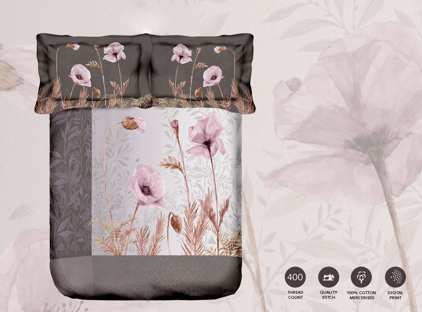 100% Cotton 400 TC King Size Double Bedsheet Digital Print - 274 X 274 CM with 2 Pillow Covers - 3 Pcs Set