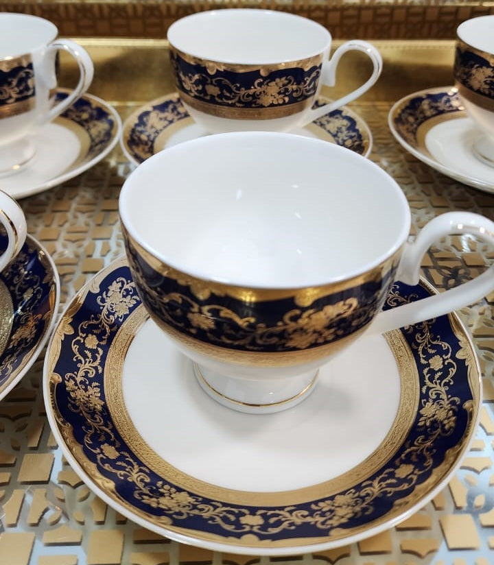 Luxury Embossed Gold Plated Cup & Saucer Royal Style Bone China, Set Of 6 (MADE IN JAPAN)