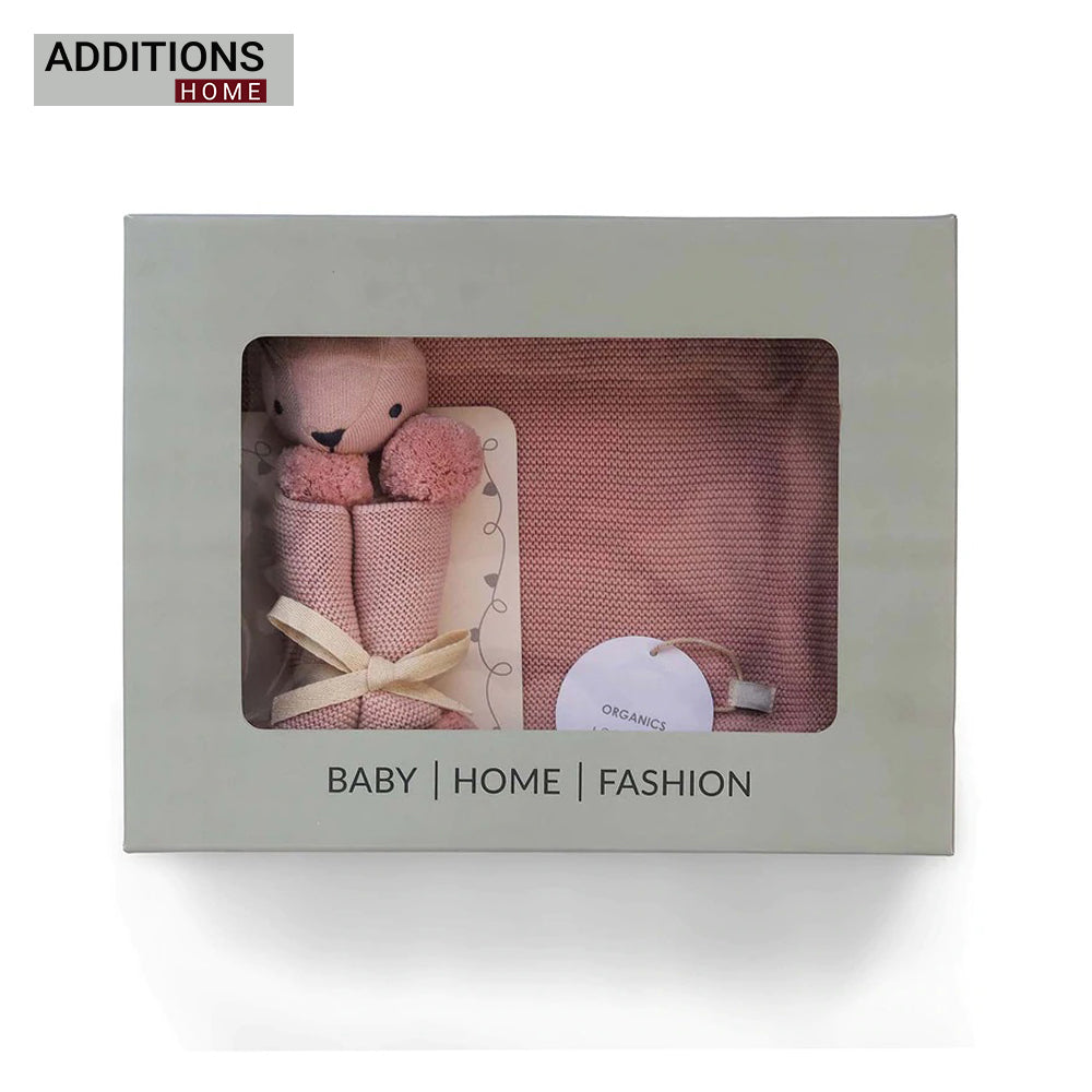 Rabbit- Pink Pearl Cotton Knitted All Season AC Blanket with Cuddle Cloth Set for Babies (Set of 2 - Blanket & Soft Toy )