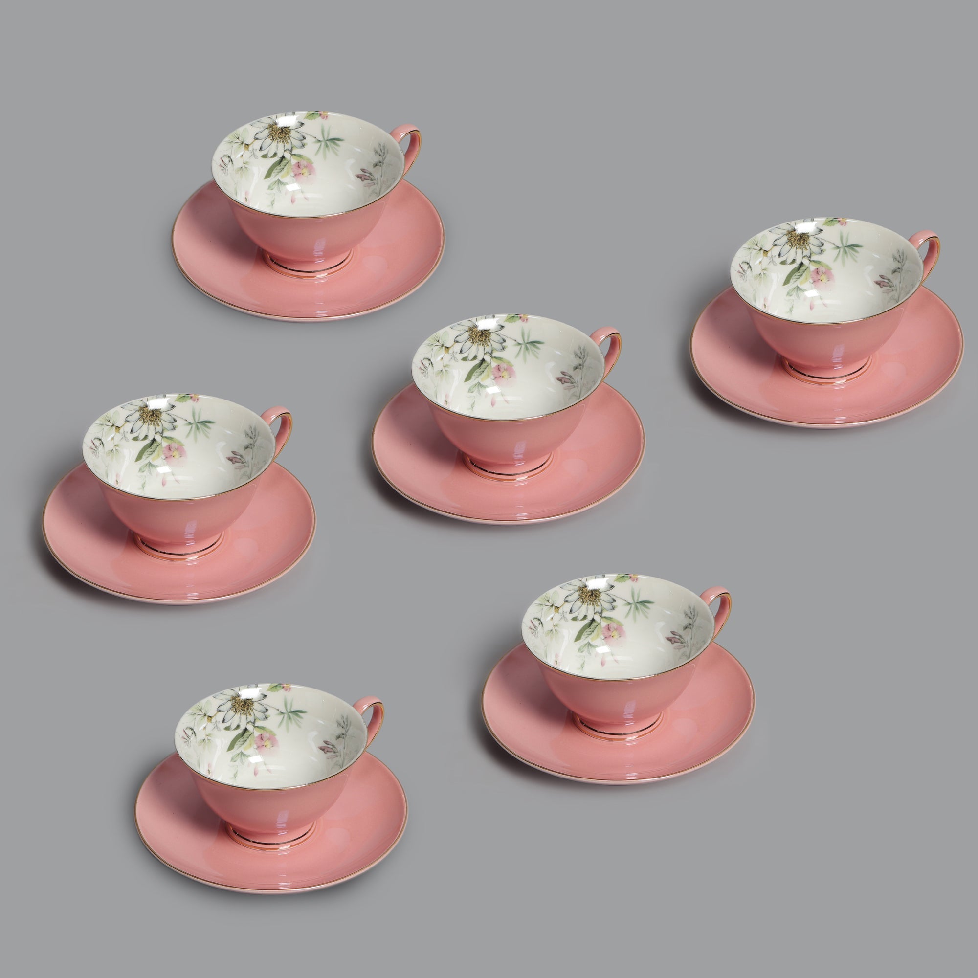 Fine English Bone China inner printed Cup and Saucer Pink (Set of 6)