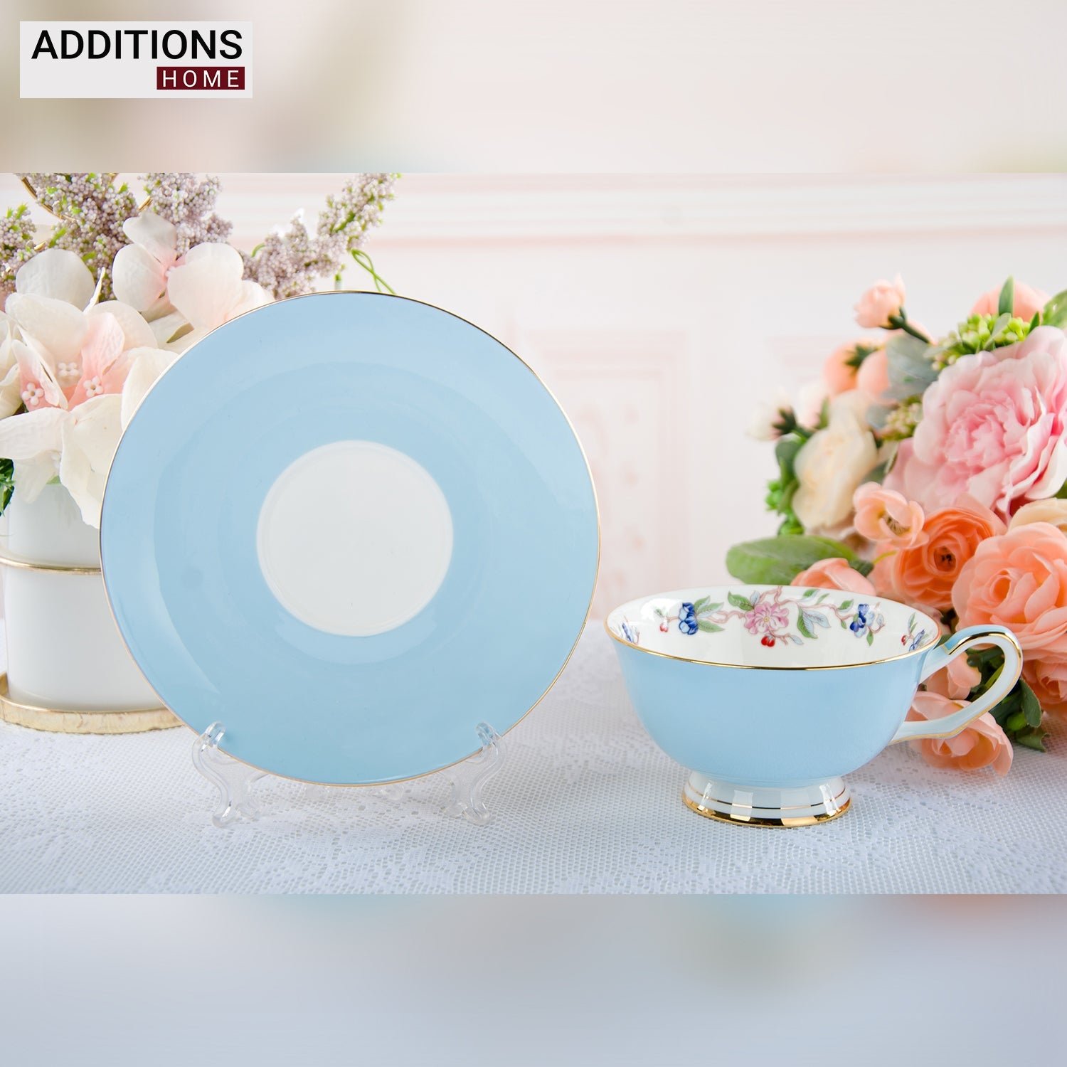Fine English Bone China inner printed Cup and Saucer Aqua (Set of 6)