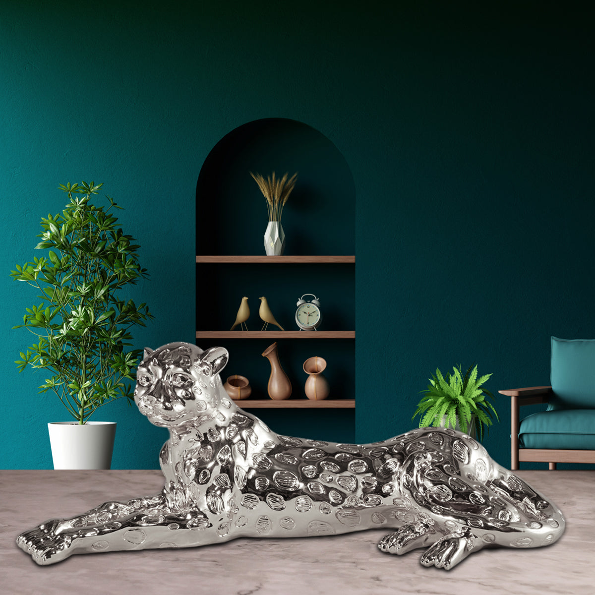 Silver Wild Animal Leopard Sculpture Resin Craft, Living Room Study Leopard Decoration 22x9 Inch