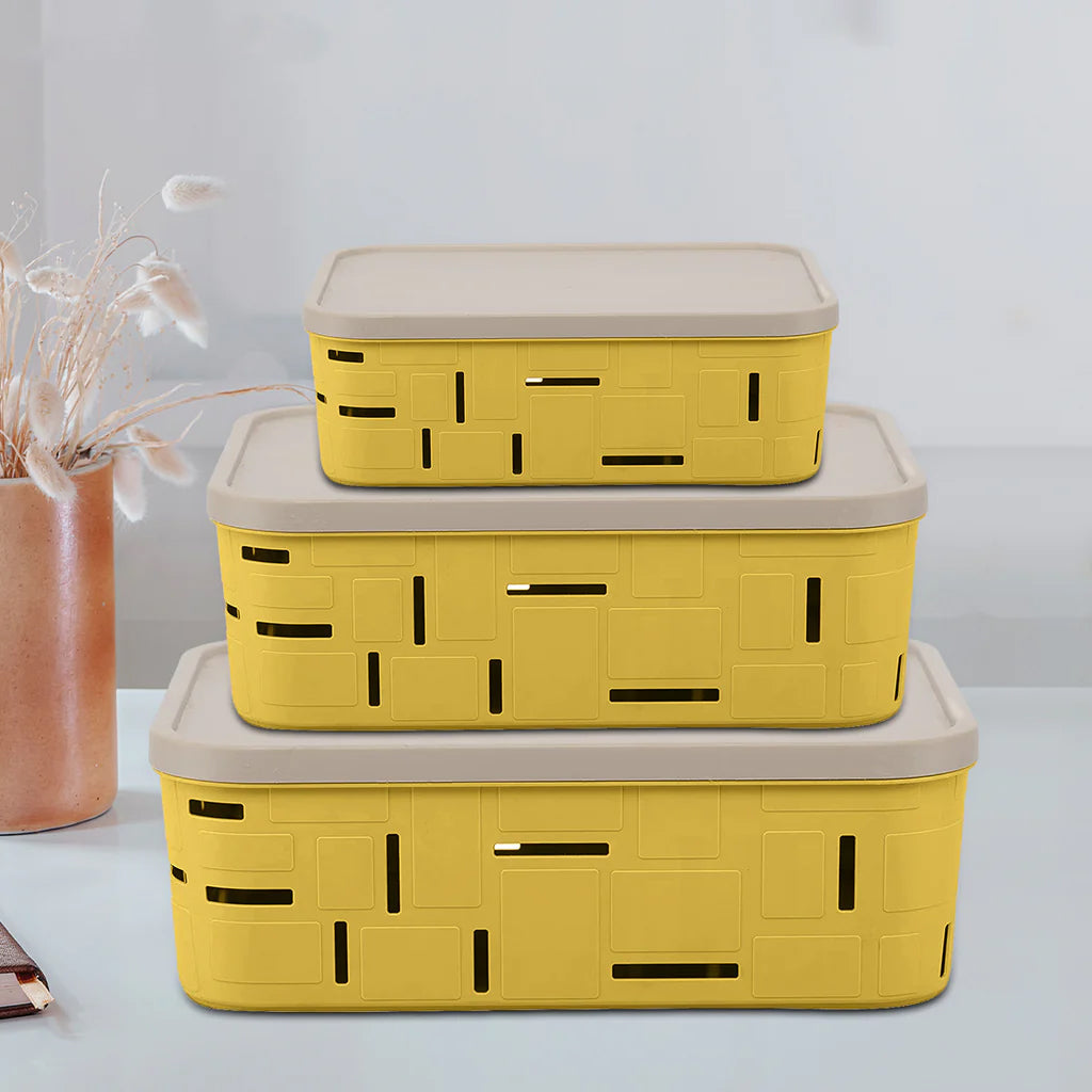 Premium Quality Plastic Storage Basket Set of 3 with Lid for Home/Office Use