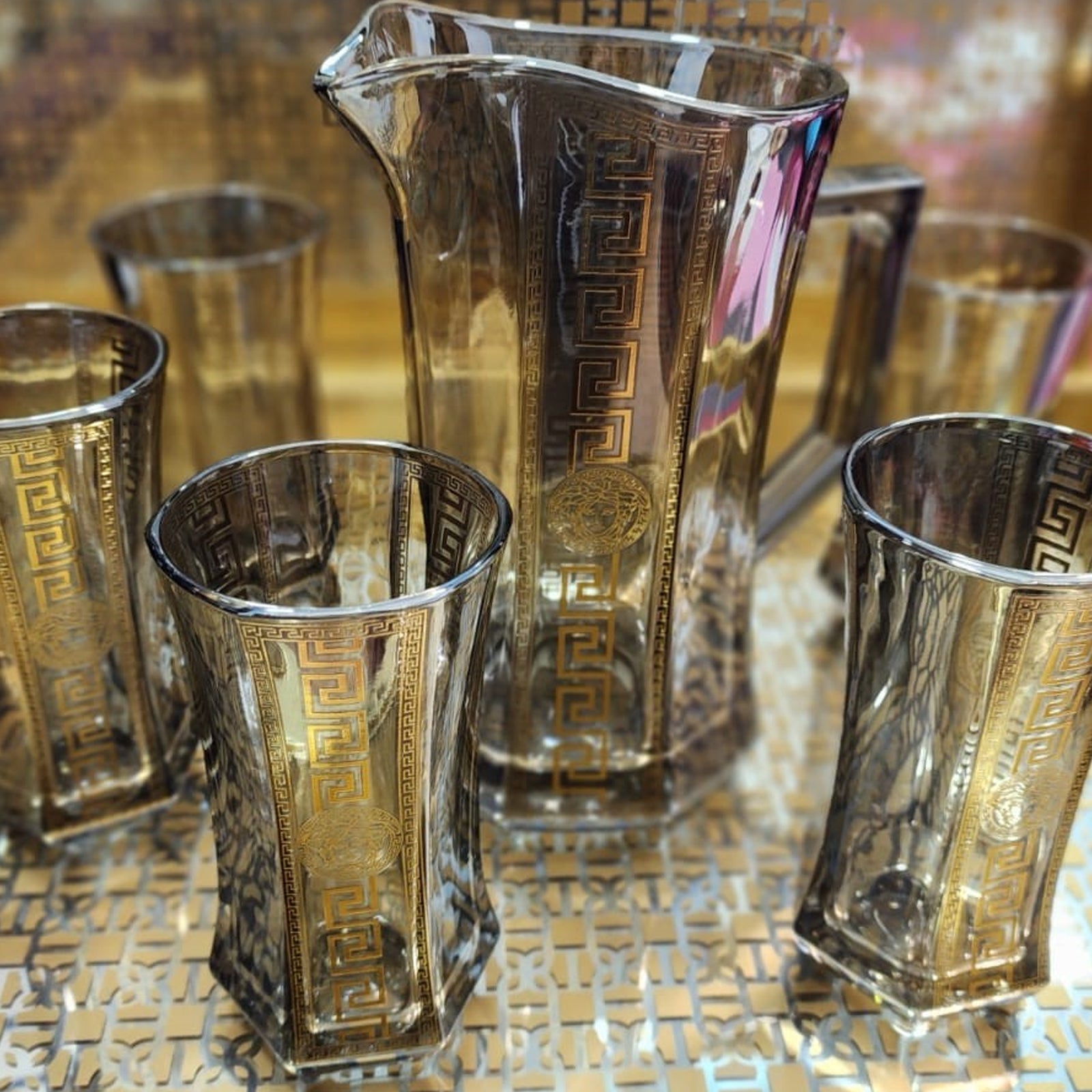 Hand Crafted Gold Plated Jug 1750 ml, With Long Glasses 370 ML, for Home and Kitchen Set of 7.