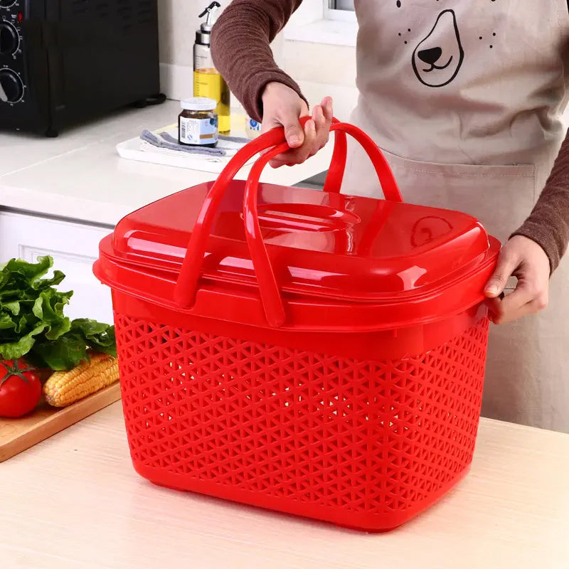 Plastic Lunch Basket with Lid & Fruit/Cutlery Tray for Office, Home and Picnic Use. (14x9x10 Inch)