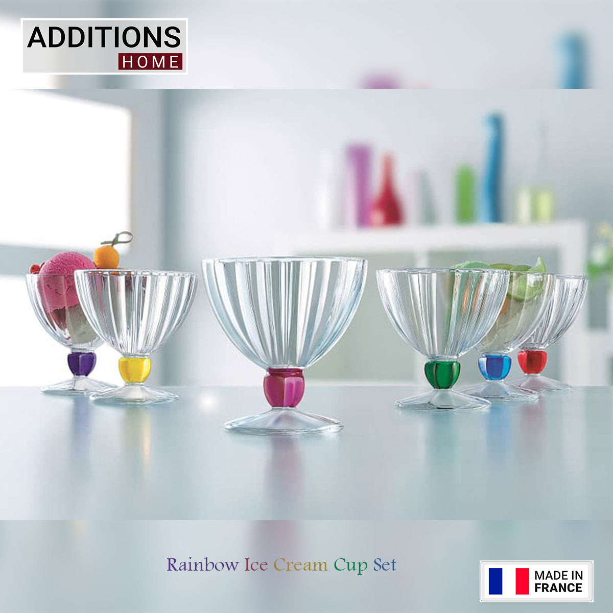 Rainbow Ice Cream Cup Glass Dessert Bowl (Multicolor, Pack of 6) MADE IN FRANCE