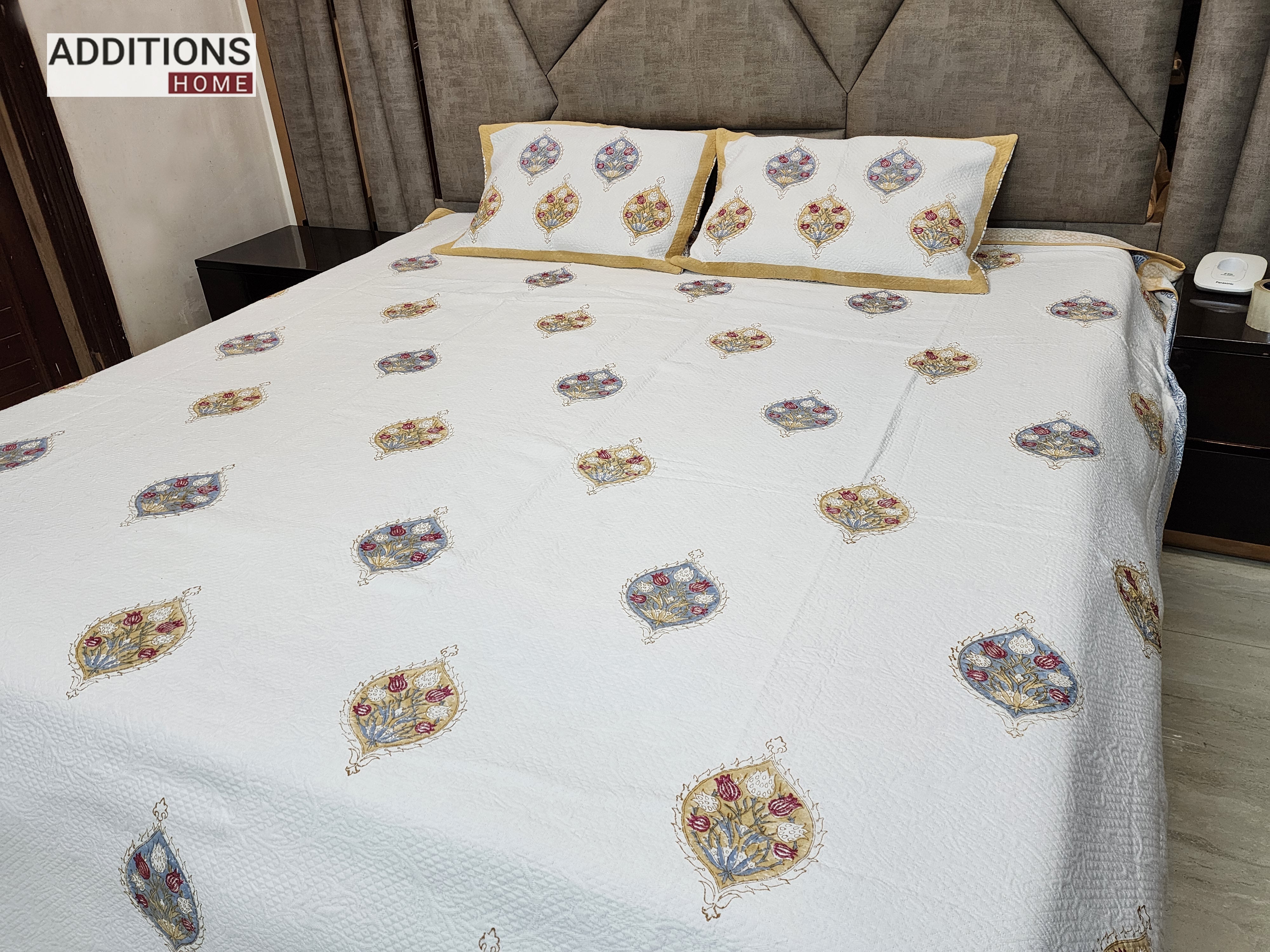 Mysore Hand Block Printed Jacquard Bed Cover with complementing Pillow Covers, 108x108