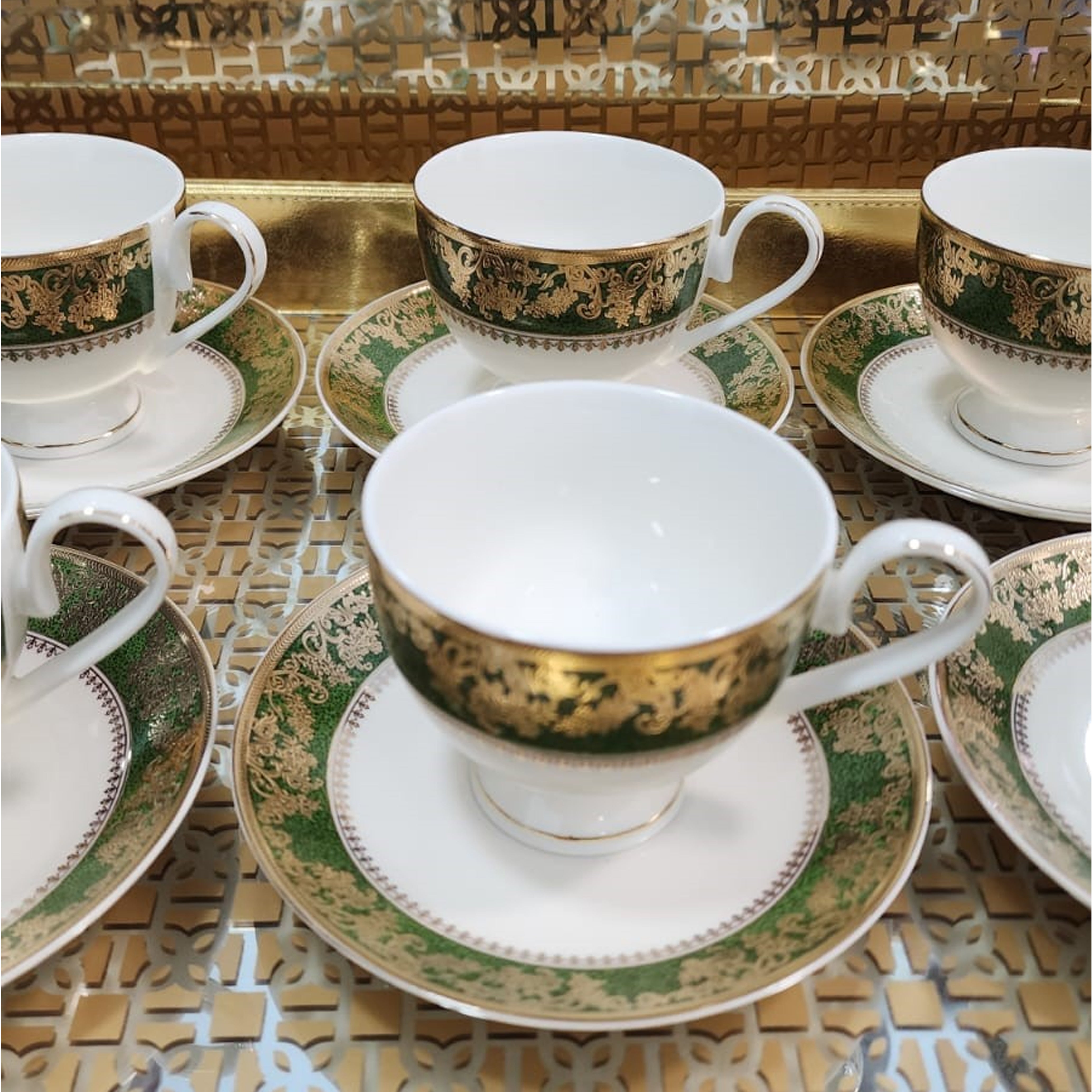 Luxury Embossed Gold Plated Cup & Saucer Royal Style Bone China, Set Of 6 (MADE IN JAPAN)