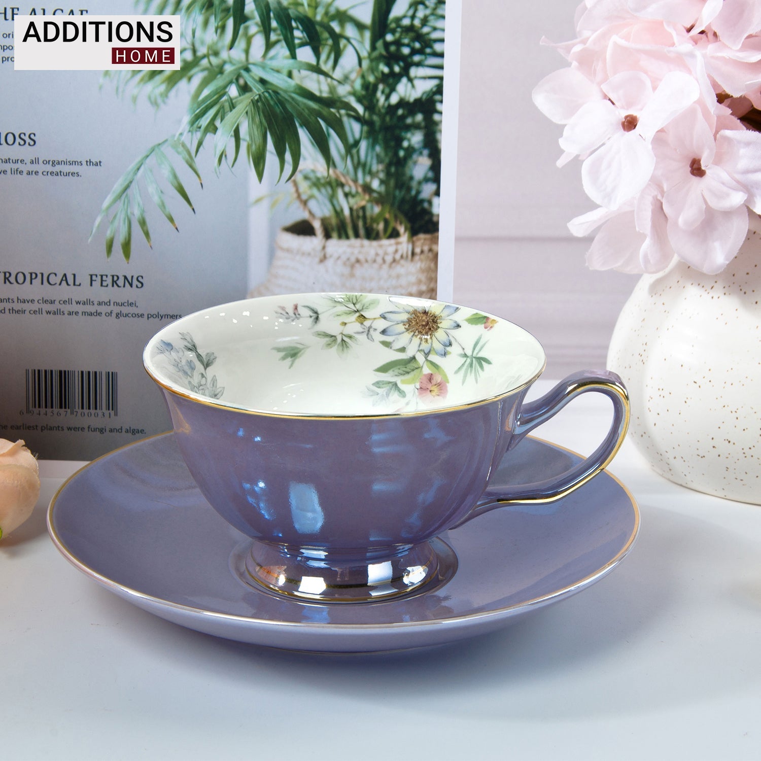 Fine English Bone China inner printed Cup and Saucer Purple (Set of 6)
