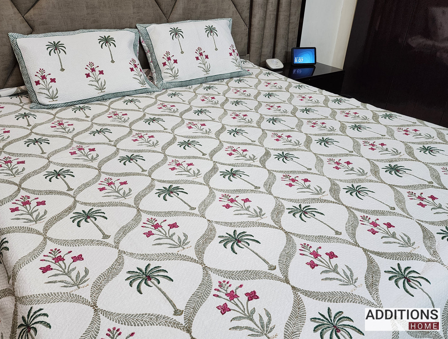 Mysore Hand Block Printed Jacquard Bed Cover with complementing Pillow Covers, 108x108