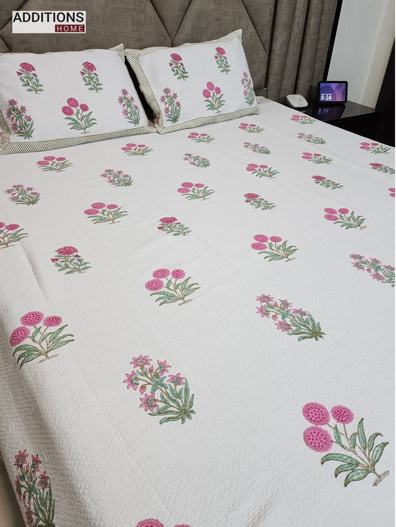 Mysore Hand Block Printed Jacquard Bed Cover with complementing Pillow Covers, 108x108