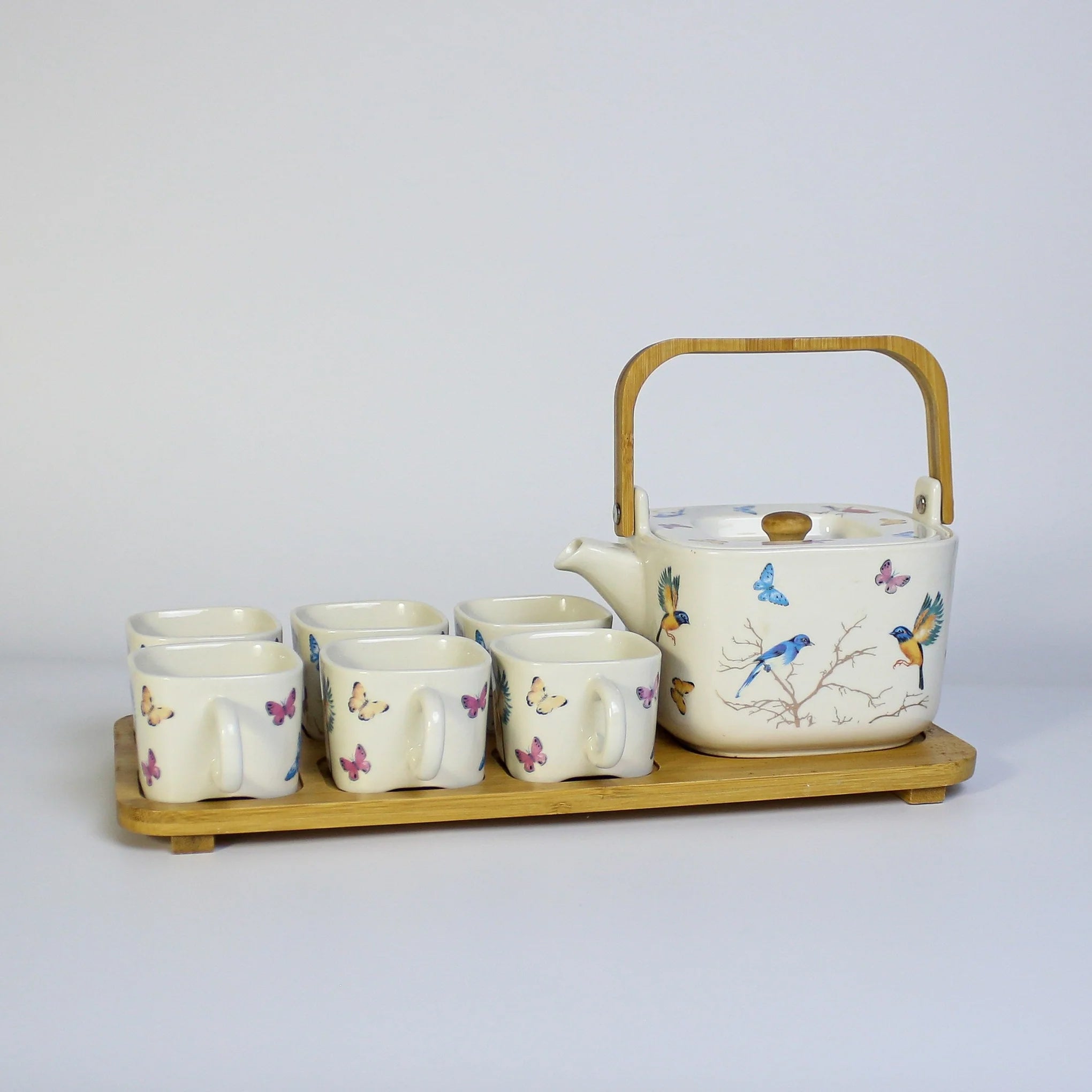 Songbirds Ceramic Coffee / Tea set With Bamboo Tray 8 Pcs Set