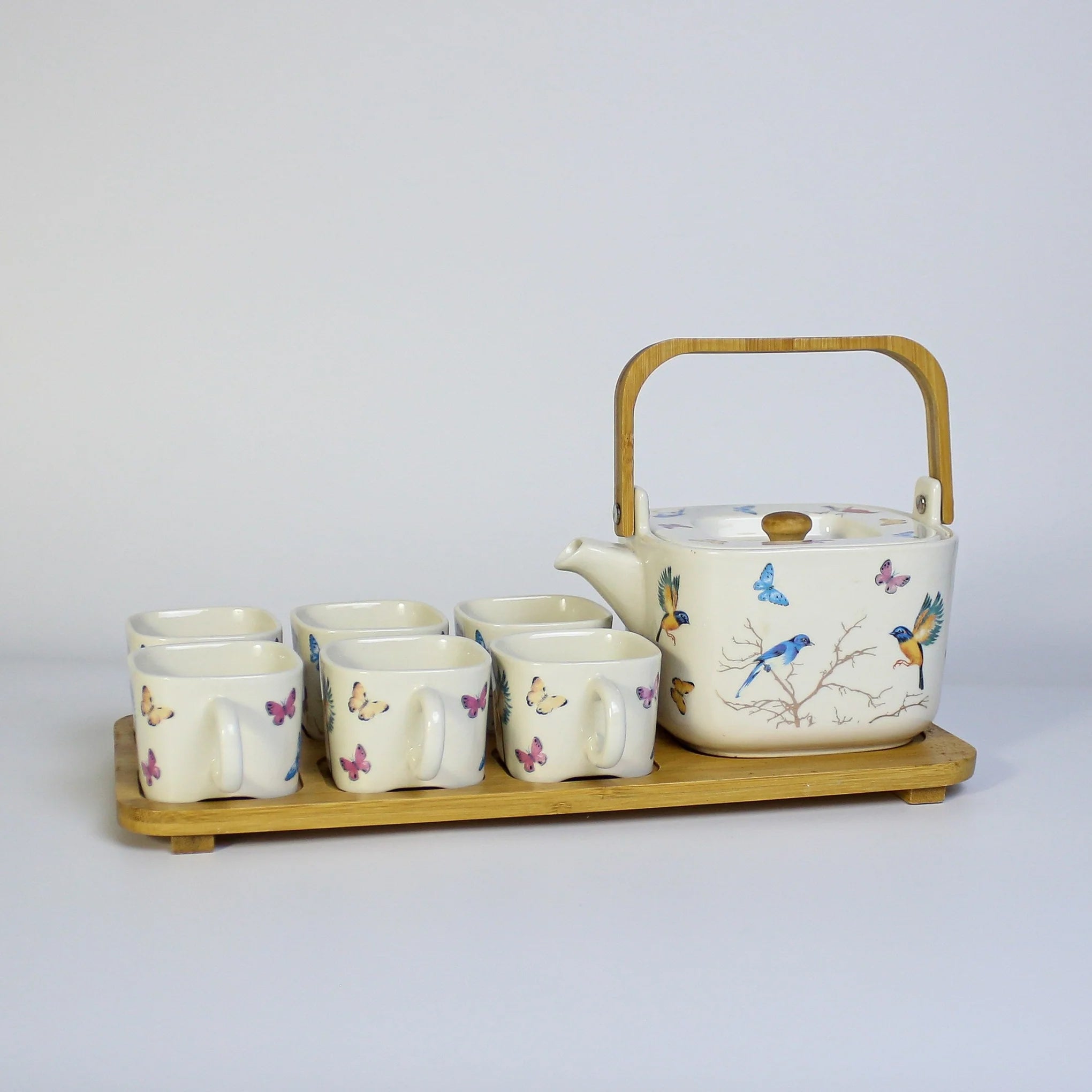 Songbirds Ceramic Coffee set / Tea set  With Bamboo Tray 8 Pcs High Quality