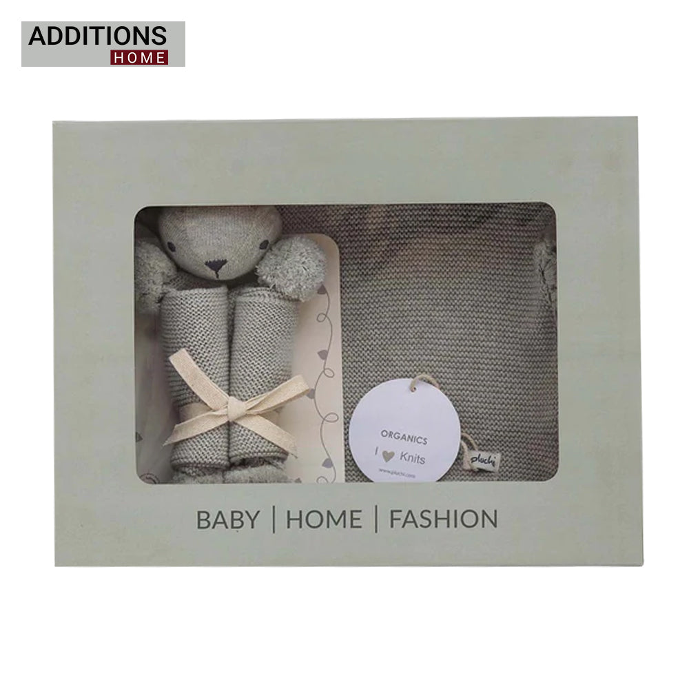 Rabbit- Vanilla Grey Cotton Knitted All Season AC Blanket with Cuddle Cloth Set for Babies(Set of 2 - Blanket & Soft Toy )