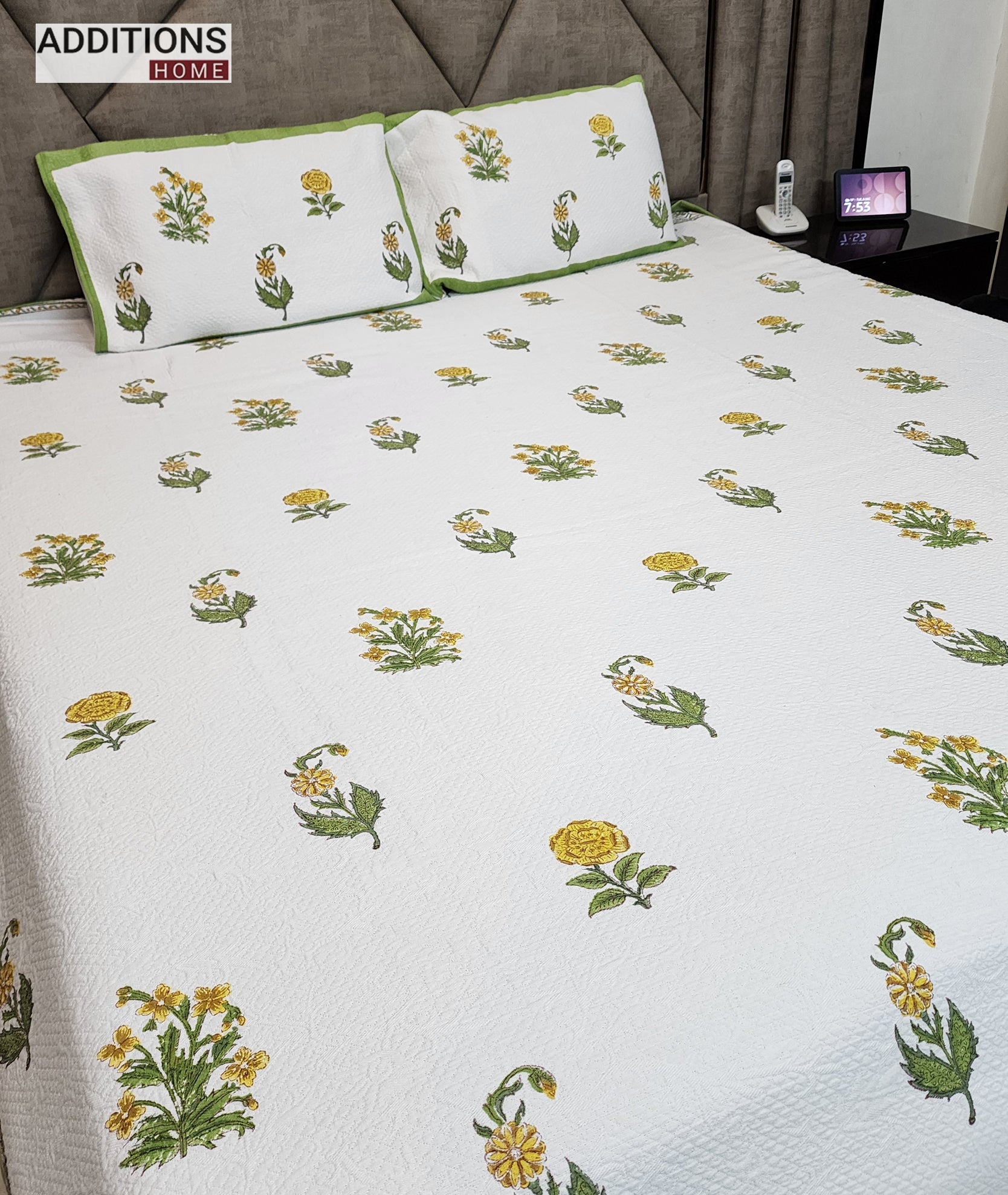 Mysore Hand Block Printed Jacquard Bed Cover with complementing Pillow Covers, 108x108