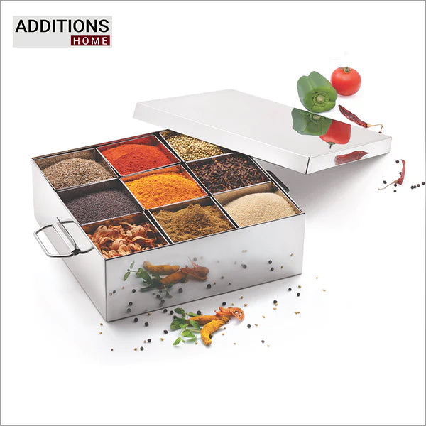 Stainless Steel Masala Dabba with 9 Compartments | Big Size Masala Petti | Silver