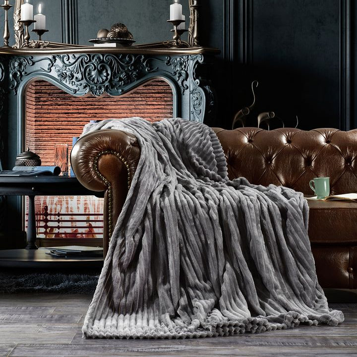 Faux Fur Cuddly Striped Pattern Soft Warm Winter Blanket 220x240 cm Set Of 5 Pcs