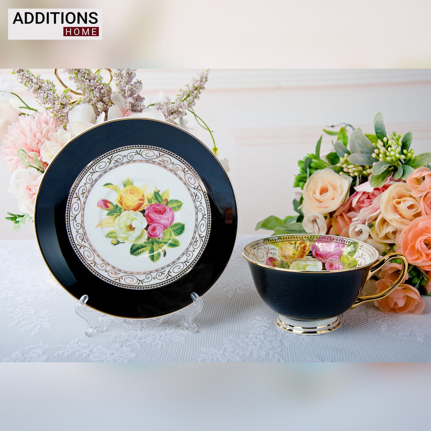 Fine English Bone China inner printed Cup and Saucer Black (Set of 6)