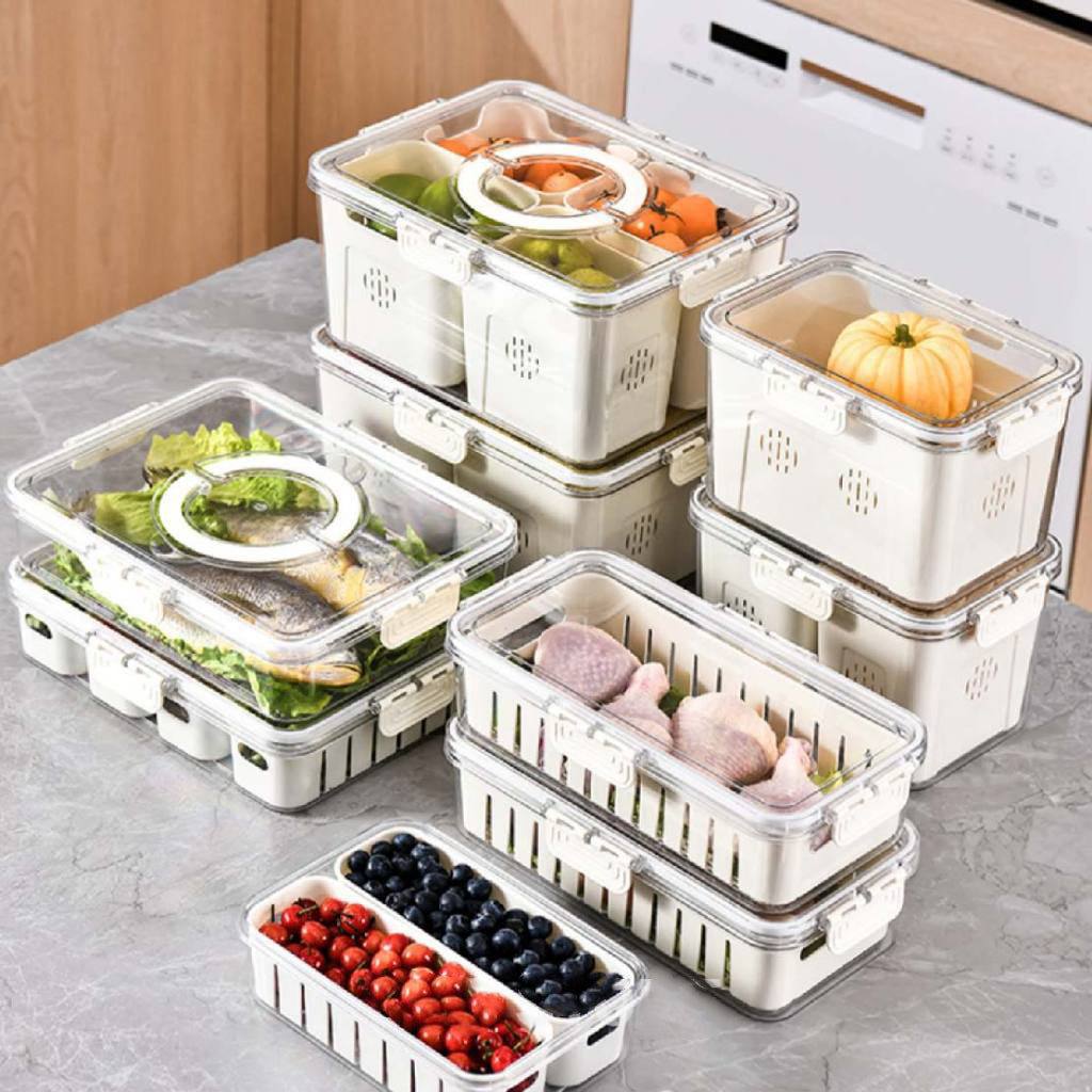 Airtight Drain Food Storage Container with Lid & Removable Compartment Kitchen Stackable Freezer Fridge Organizer Set of 6 Pcs
