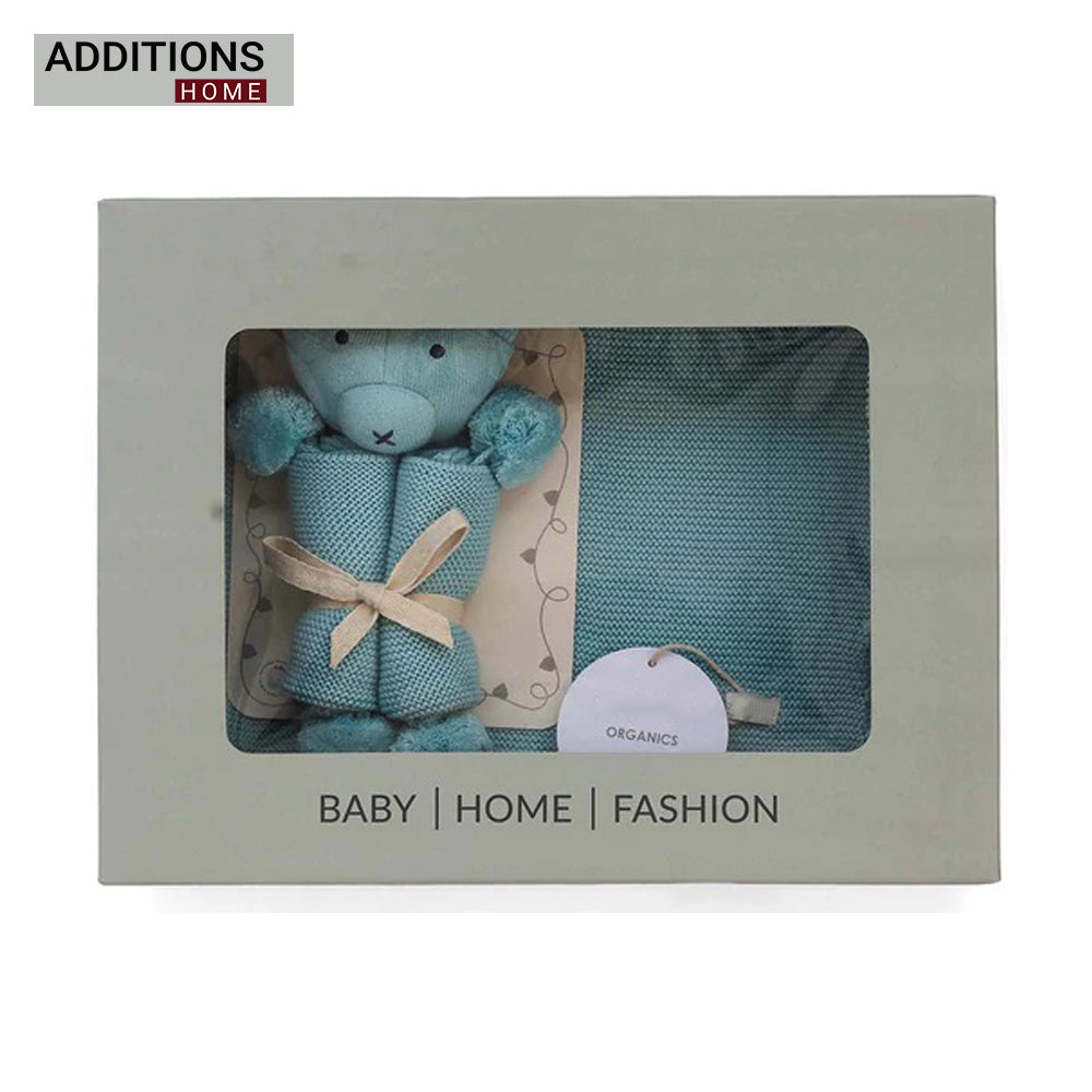 Teddy Bear- Baby Blue Cotton Knitted All Season AC Blanket with Cuddle Cloth Set for Babies (Set of 2 - Blanket & Soft Toy )