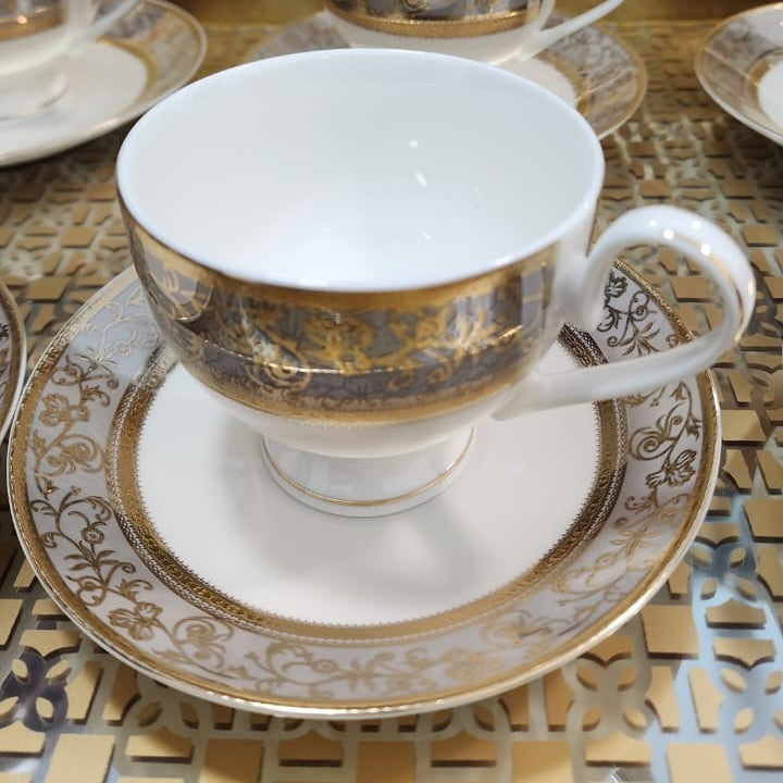 Luxury Embossed Gold Plated Cup & Saucer Royal Style Bone China, Set Of 6  (MADE IN JAPAN)