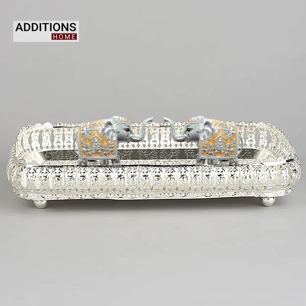 German Silver Rectangle Shape Designer Fancy Metal Tray And Silver Plated Elephant Idol Set Of 3Pcs.