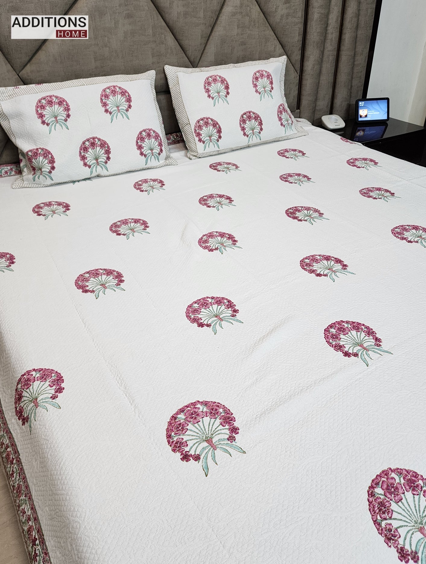 Mysore Hand Block Printed Jacquard Bed Cover with complementing Pillow Covers, 108x108