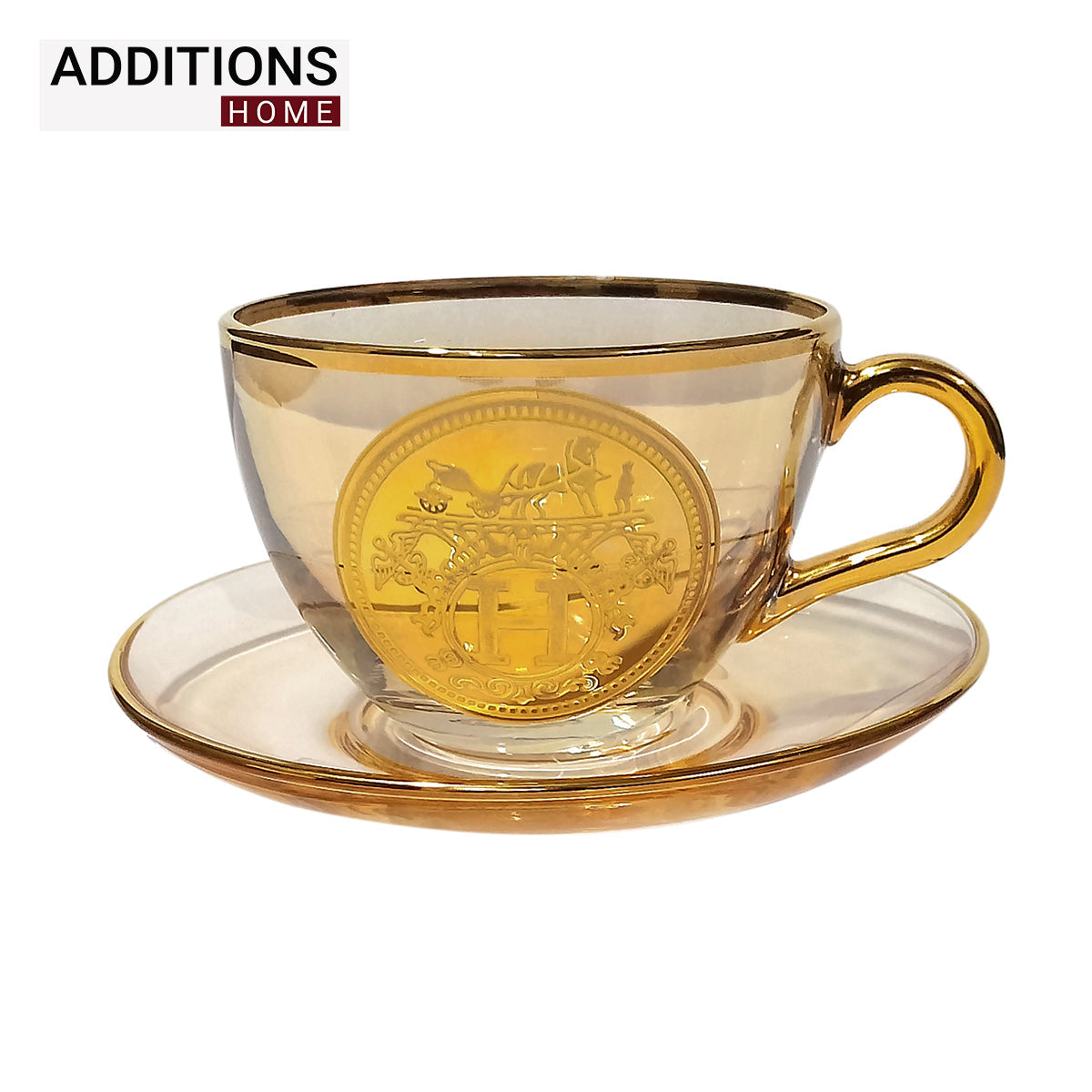 Elegant Cup and Plate MADE IN TURKEY, AMBER COLOUR, GOLD PLATED Set of