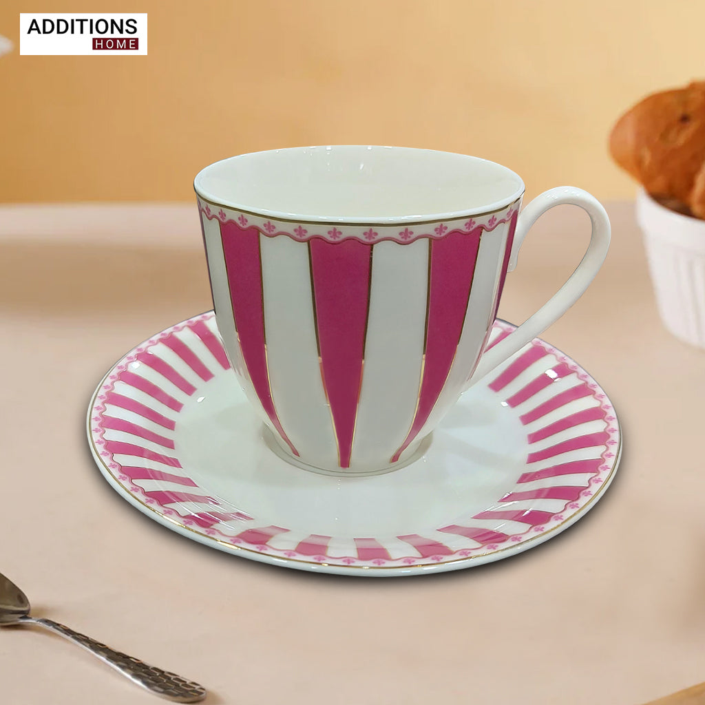 American Brunswick Luxury Cup and Saucer Set Classic Stripe Porcelain (Set of 6)