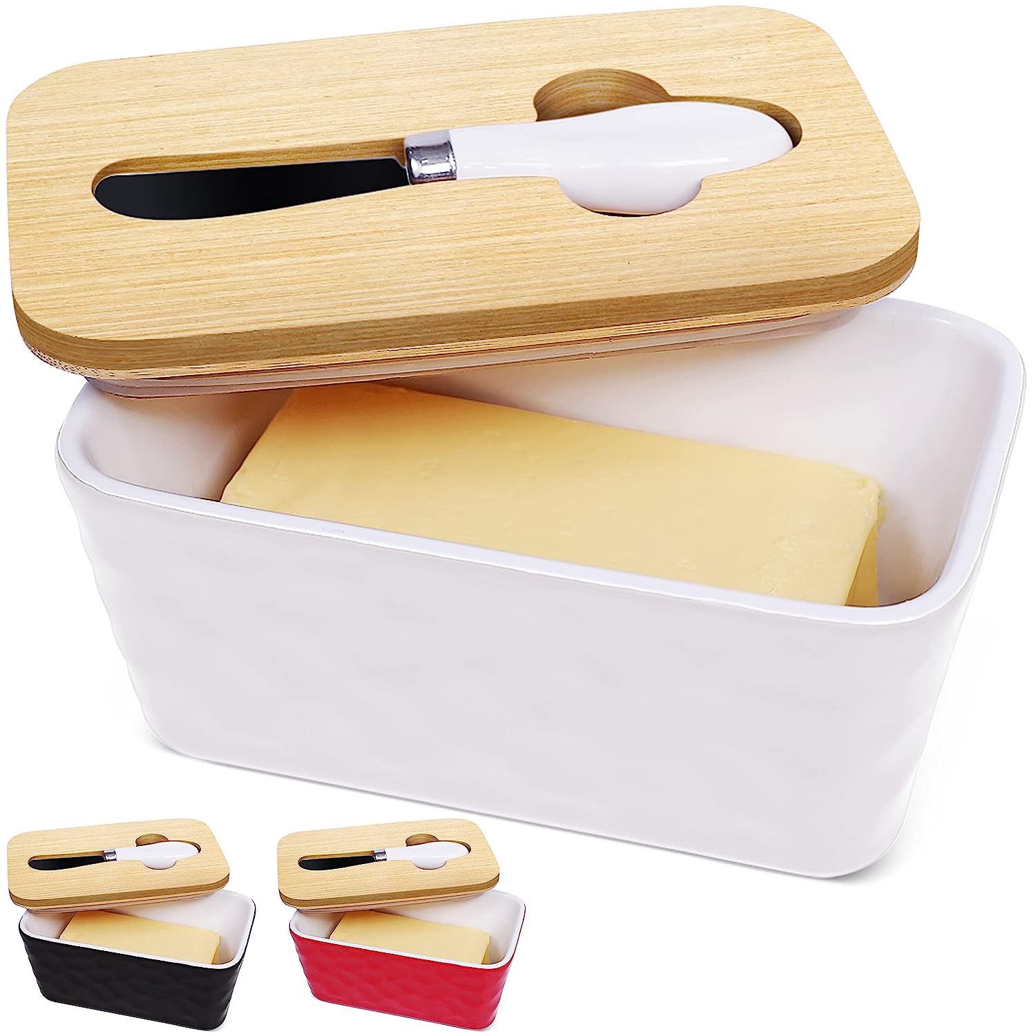 Butter Dishes Box Premium Quality Elite Range Heavy Fine Porcelain Butter Box, Butter Dish with Wooden Top Cover,Lid with a Knife -600 ML (WHITE)