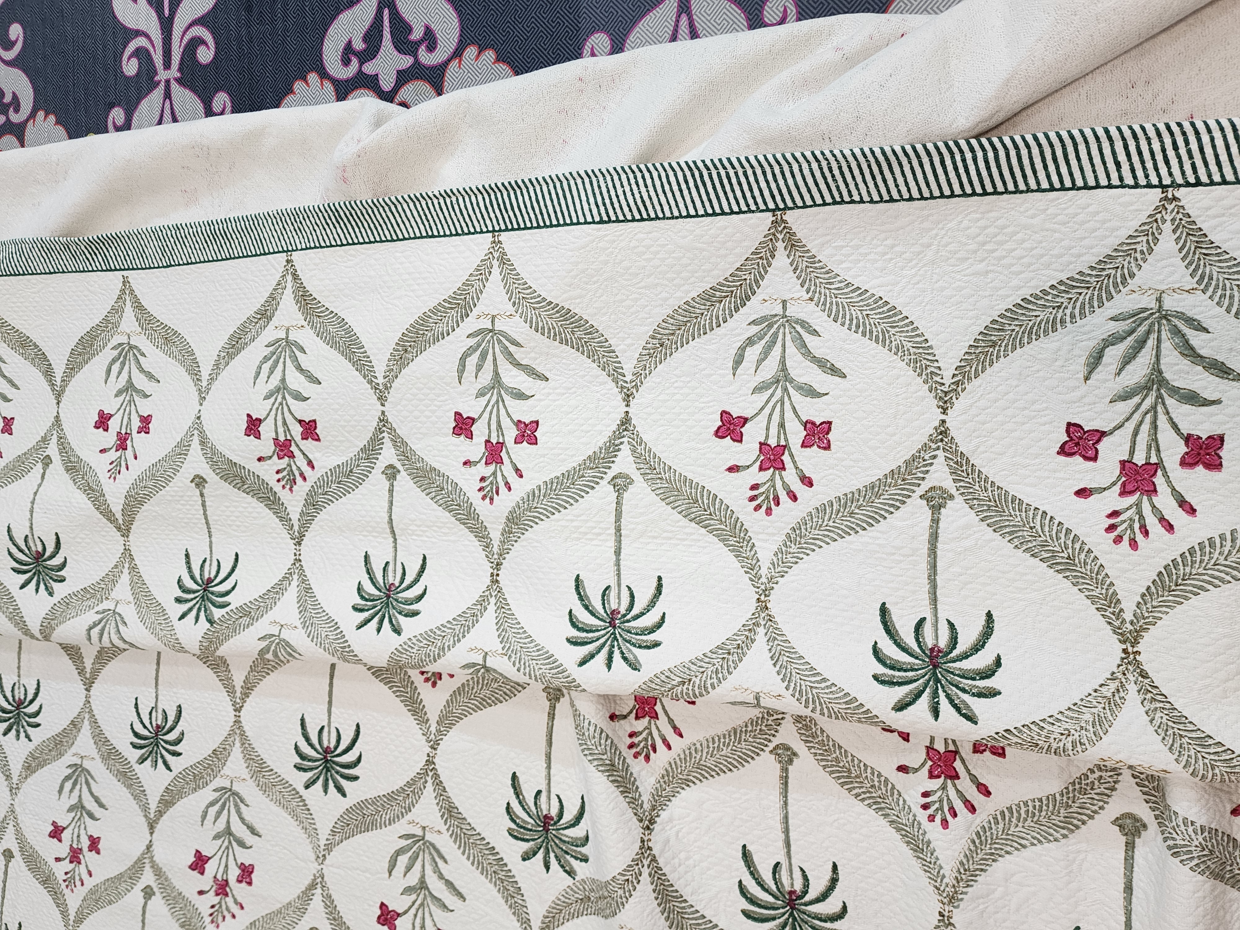 Mysore Hand Block Printed Jacquard Bed Cover with complementing Pillow Covers, 108x108