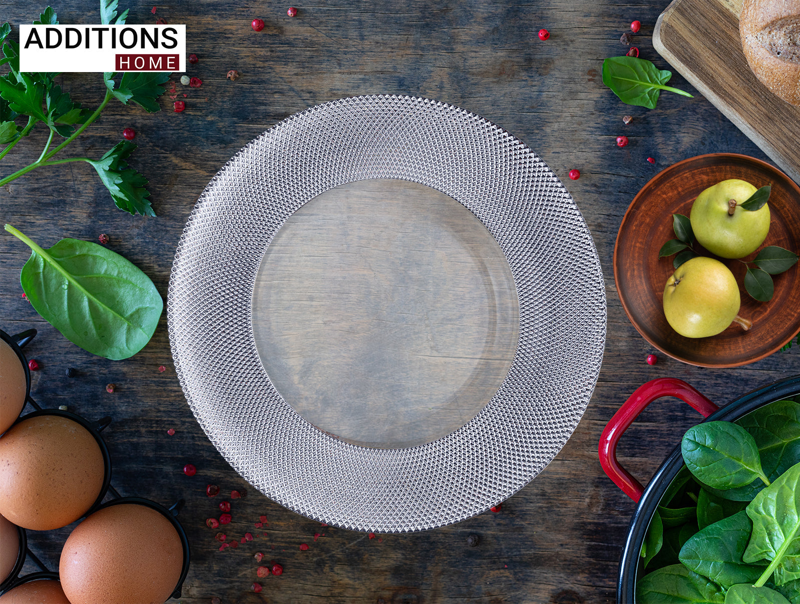 Pack of 6 Pcs , 13" Round Silver Rim Glass Charger Plates