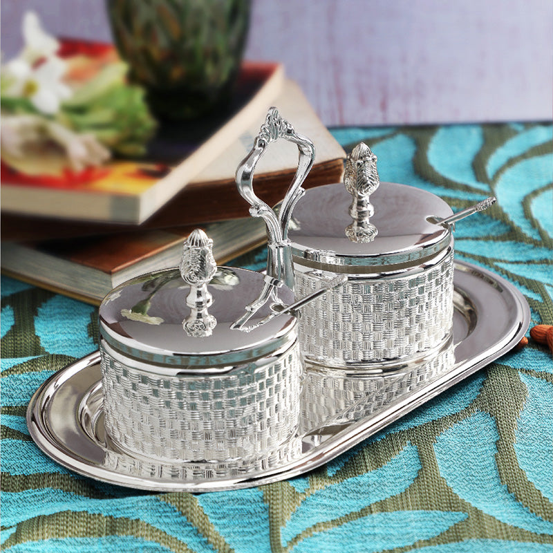 Multipurpose German Silver Bowls With 2 bowls, 2 Spoon & 1 Tray - for Sweets, Chocolates, Mouth Freshener | Dining Table Decoration Item | Diwali Housewarming & Festival Gift