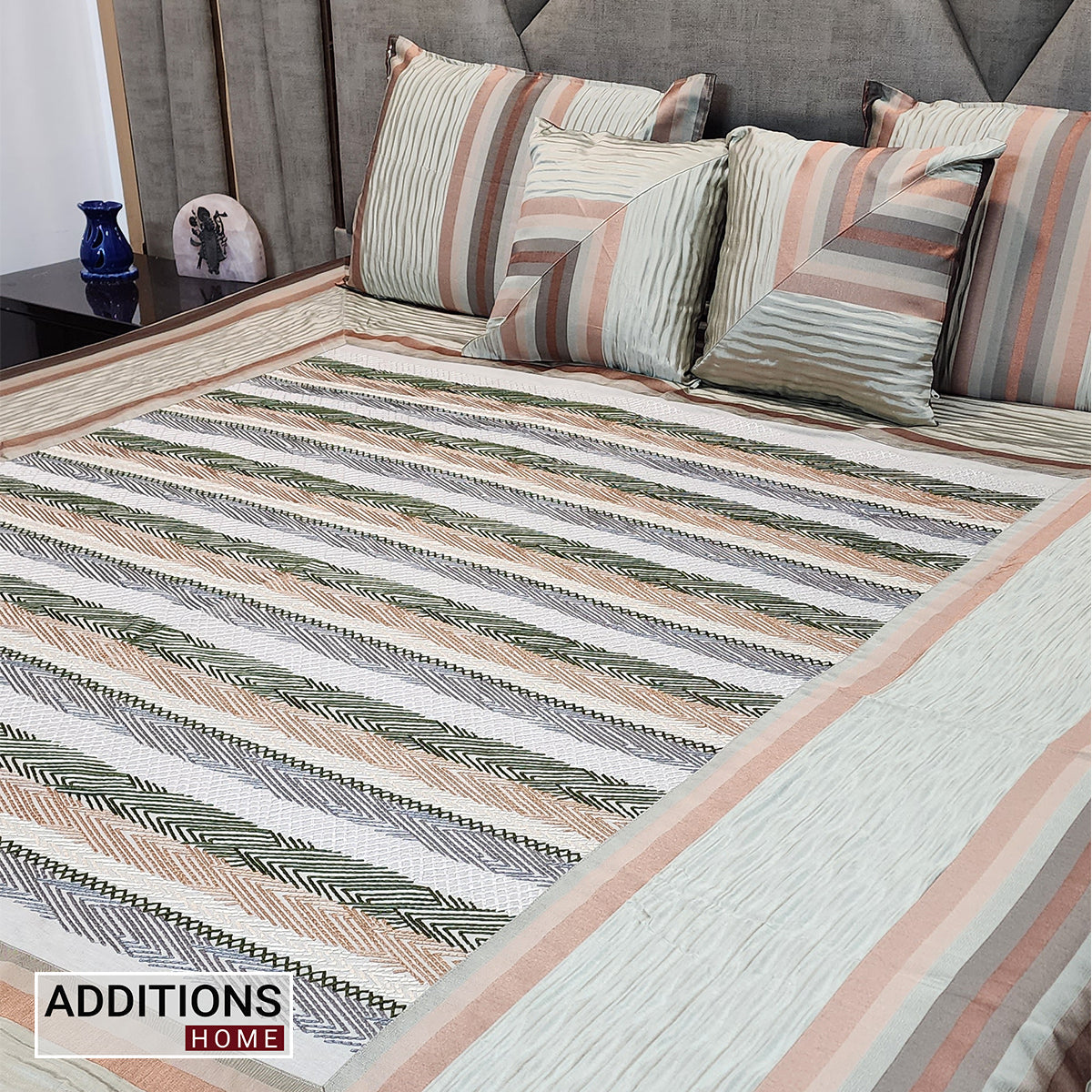 Intricately Embroidered Linen Fabric Bedcover, Dressed With Satin Borders To Make Your Room Look Royal (King Size) Set of 5