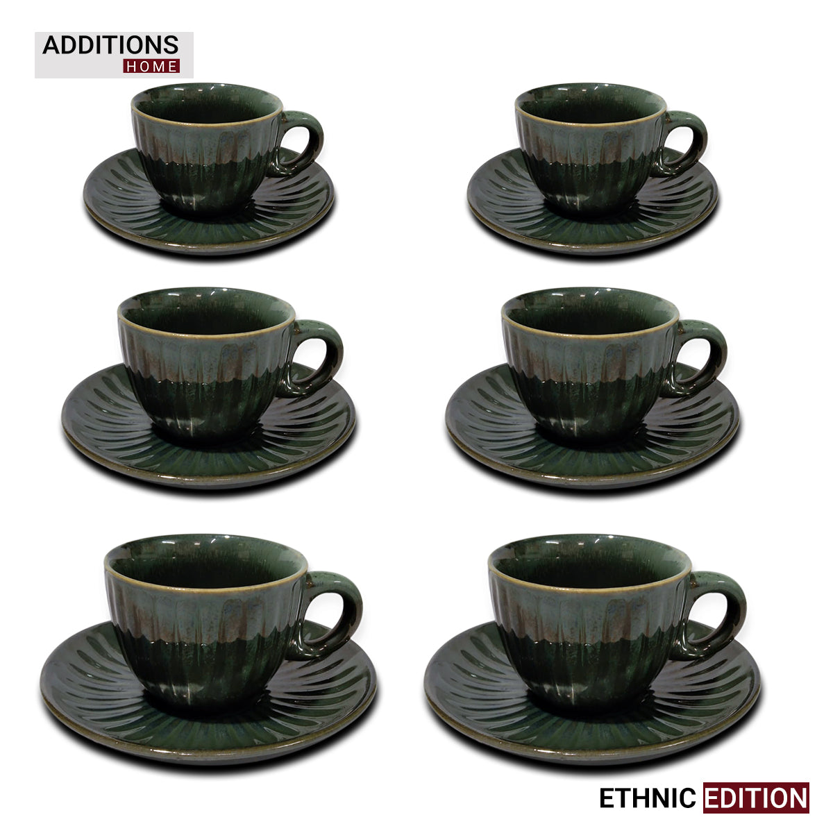 Glazed Ceramic Tea Cup With Saucer. Set of 6. ETHNIC EDITION