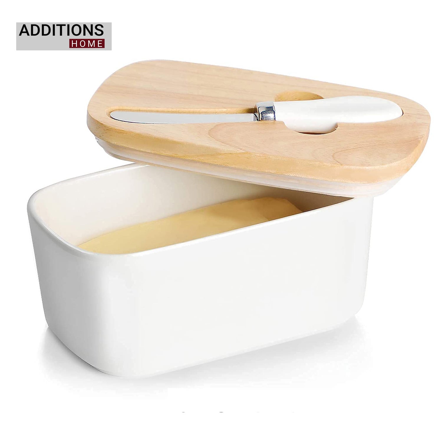 Butter Dishes Box Premium Quality Elite Range Heavy Fine Porcelain Butter Box,Butter Dish with Wooden Top Cover,Lid with a Knife -600 ML