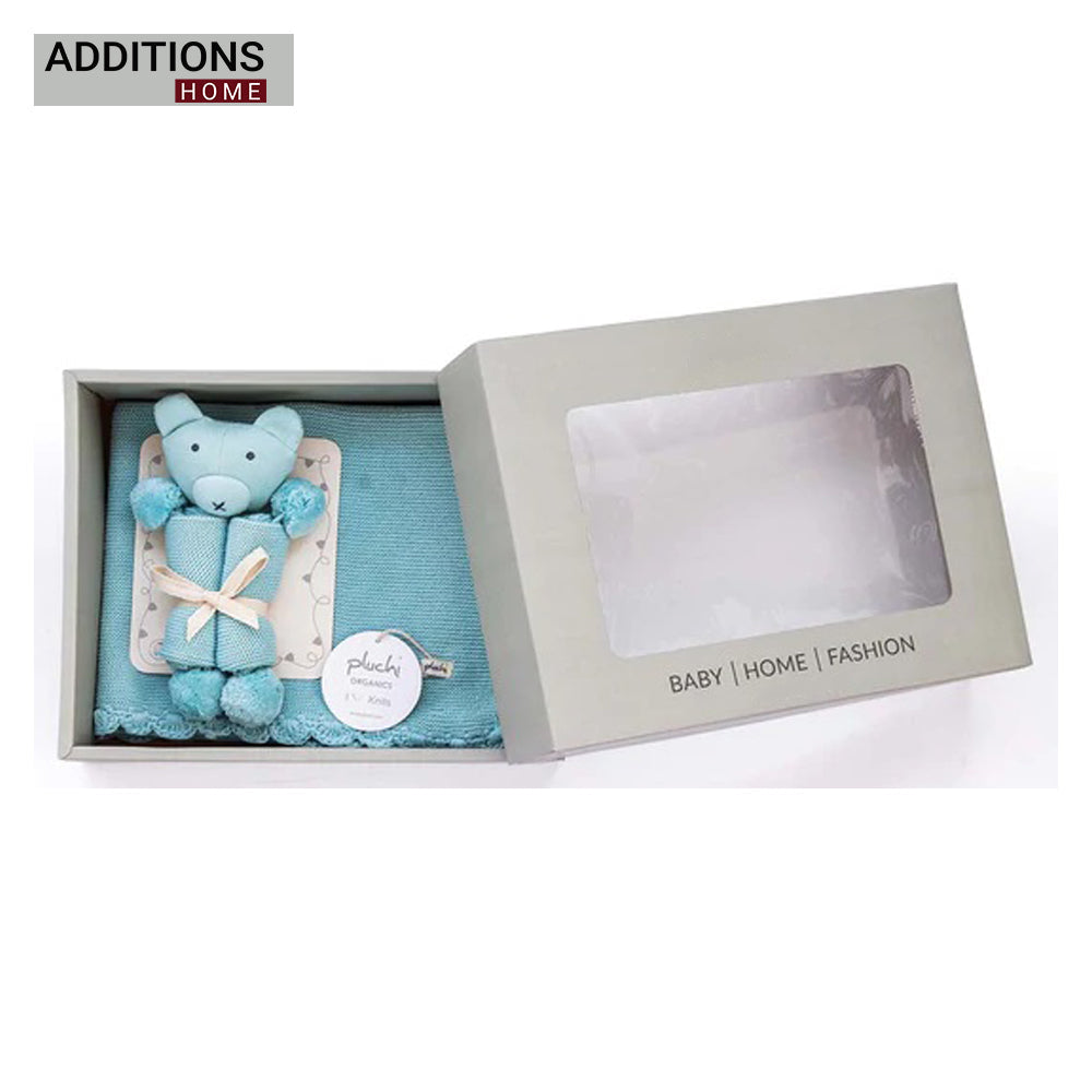 Teddy Bear- Baby Blue Cotton Knitted All Season AC Blanket with Cuddle Cloth Set for Babies (Set of 2 - Blanket & Soft Toy )