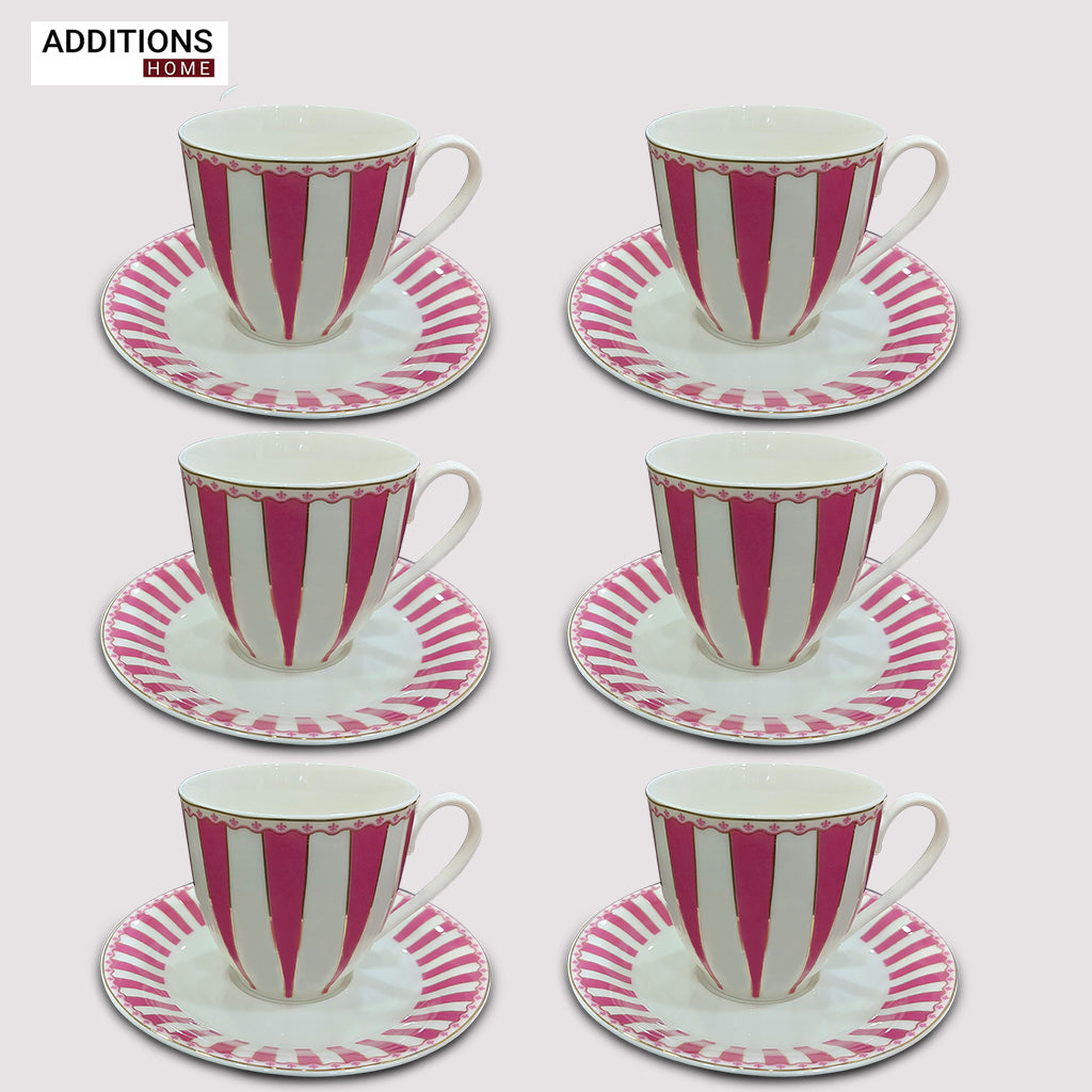 American Brunswick Luxury Cup and Saucer Set Classic Stripe Porcelain (Set of 6)