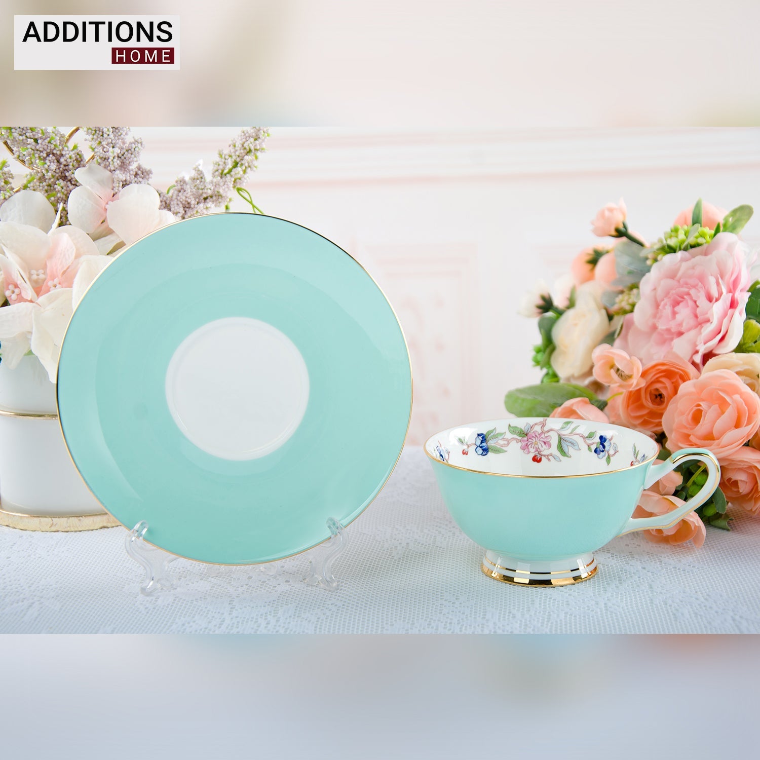 Fine English Bone China inner printed Cup and Saucer Sea Green (Set of 6)