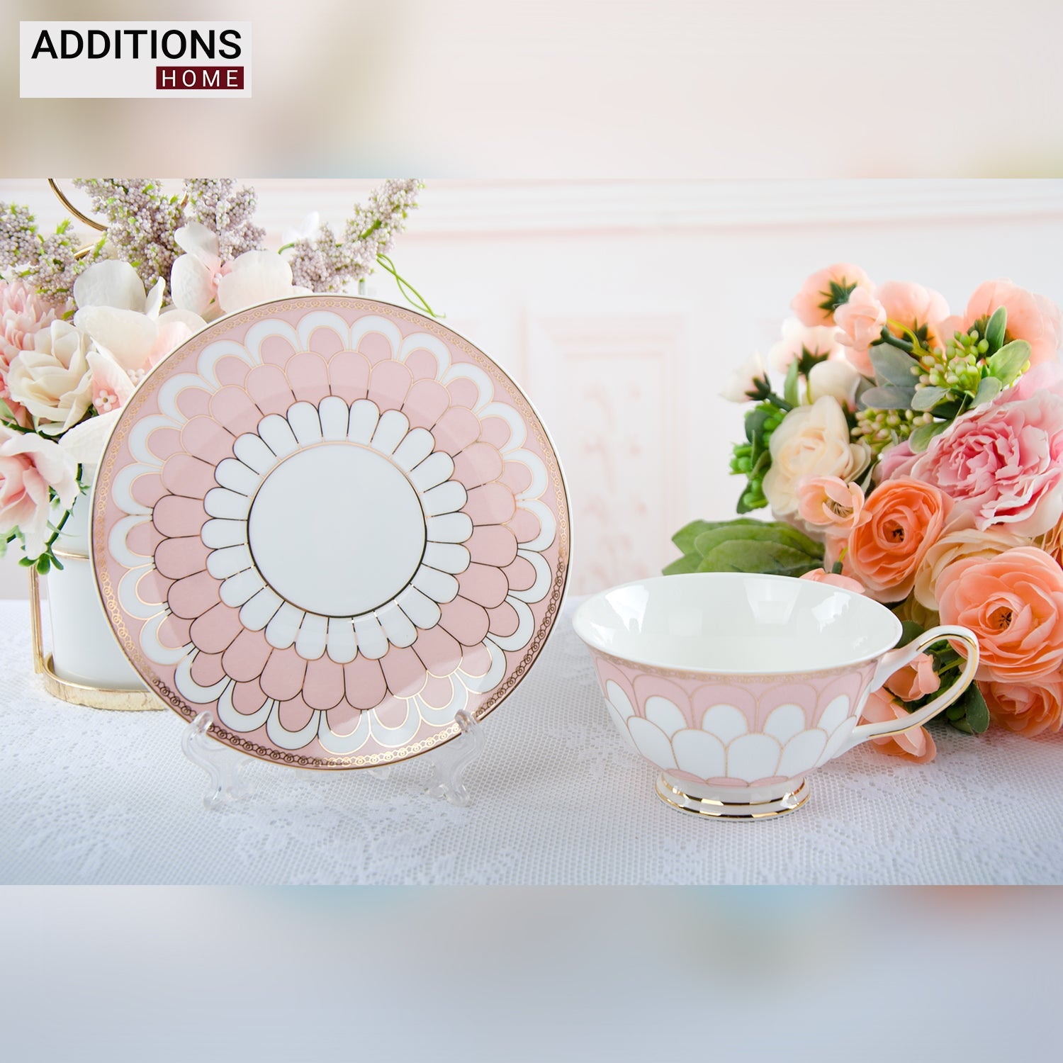 Fine English Bone China inner printed Cup and Saucer Pink (Set of 6)